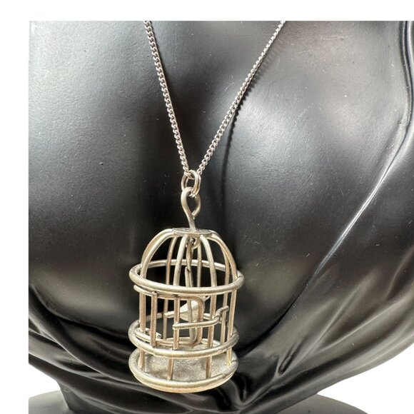 Silver Birdcage Pendant Necklace With Delicate Chain Unique Vintage Accessory - Picture 1 of 13
